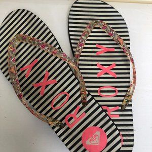NEW - ROXY Retro Beachy black/white/floral thong flip flops Vacation Island